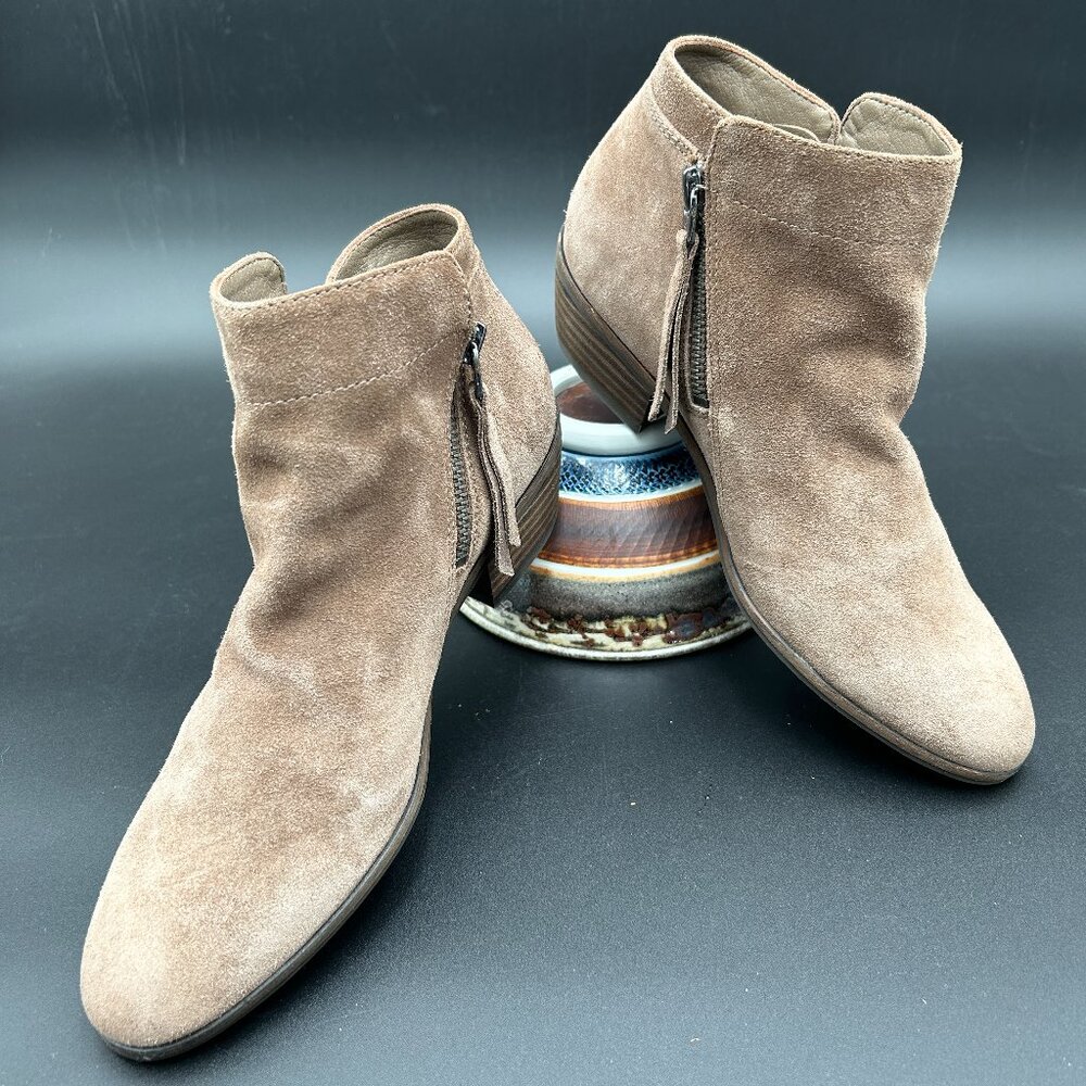 Sam Edelman Taupe Suede Ankle Boots Side Zip Stacked Heel Size 6.5